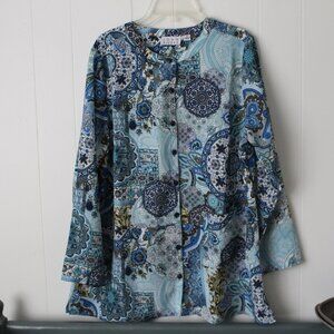 Vintage Joan Rivers Button Front 3/4 Sleeve Pocketed Blue Paisley Blouse M